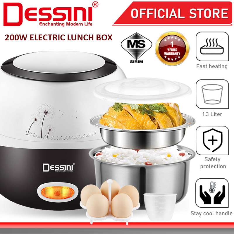 DESSINI ITALY 1.3L Electric Rice Cooker Lunch Box Non Stick Stainless Steel Inner Pot with Steamer Periuk Nasi Elektrik