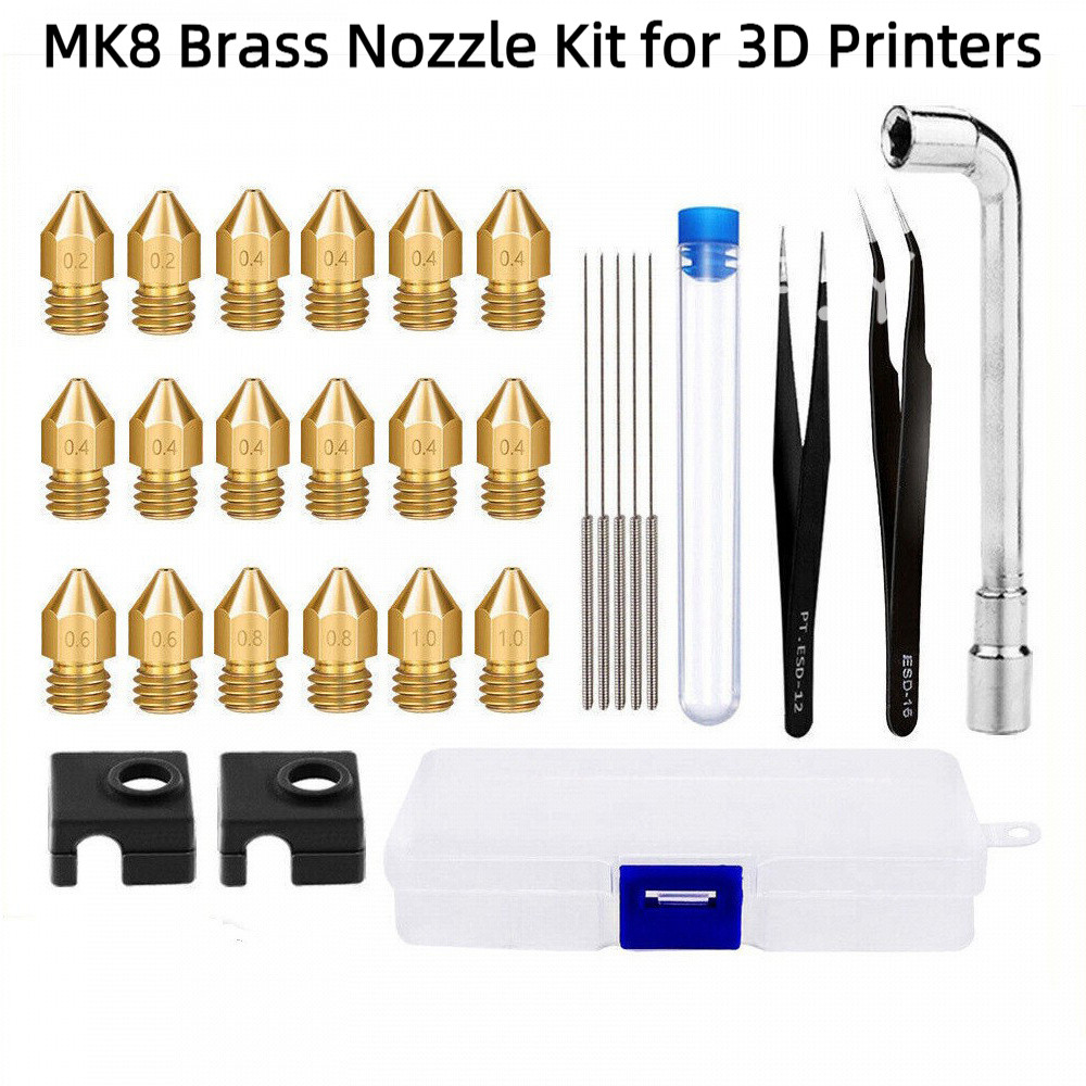 Kit Nozel Loyang MK8 untuk Pencetak 3D | Termasuk Nozel 0.2/0.4/0.6/0.8/1.0mm + Jarum Pembersih + Pinset + Kunci Pas · Sesuai untuk Ender-3/CR-10 · Set 30-Keping