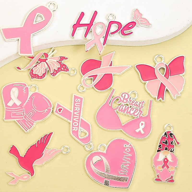 10pcs Pink Tones Breast Cancer Awareness Theme Drip Oil Alloy Charms for DIY Necklace Bracelet Earrings Keychain Brooch - Women Daily Encouragement Accessory, Mother's Day Gift