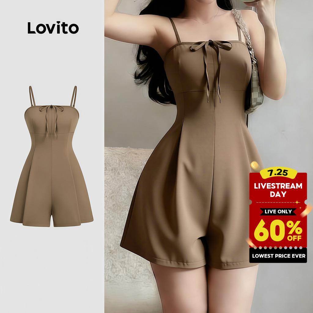 Lovito Casual Jumpsuit Bow Spring/summer Brown Jumpsuit for Women L178ED471 Lovito Casual Jumpsuit Reben Musim Bunga/musim Panas Coklat untuk Wanita L178ED471