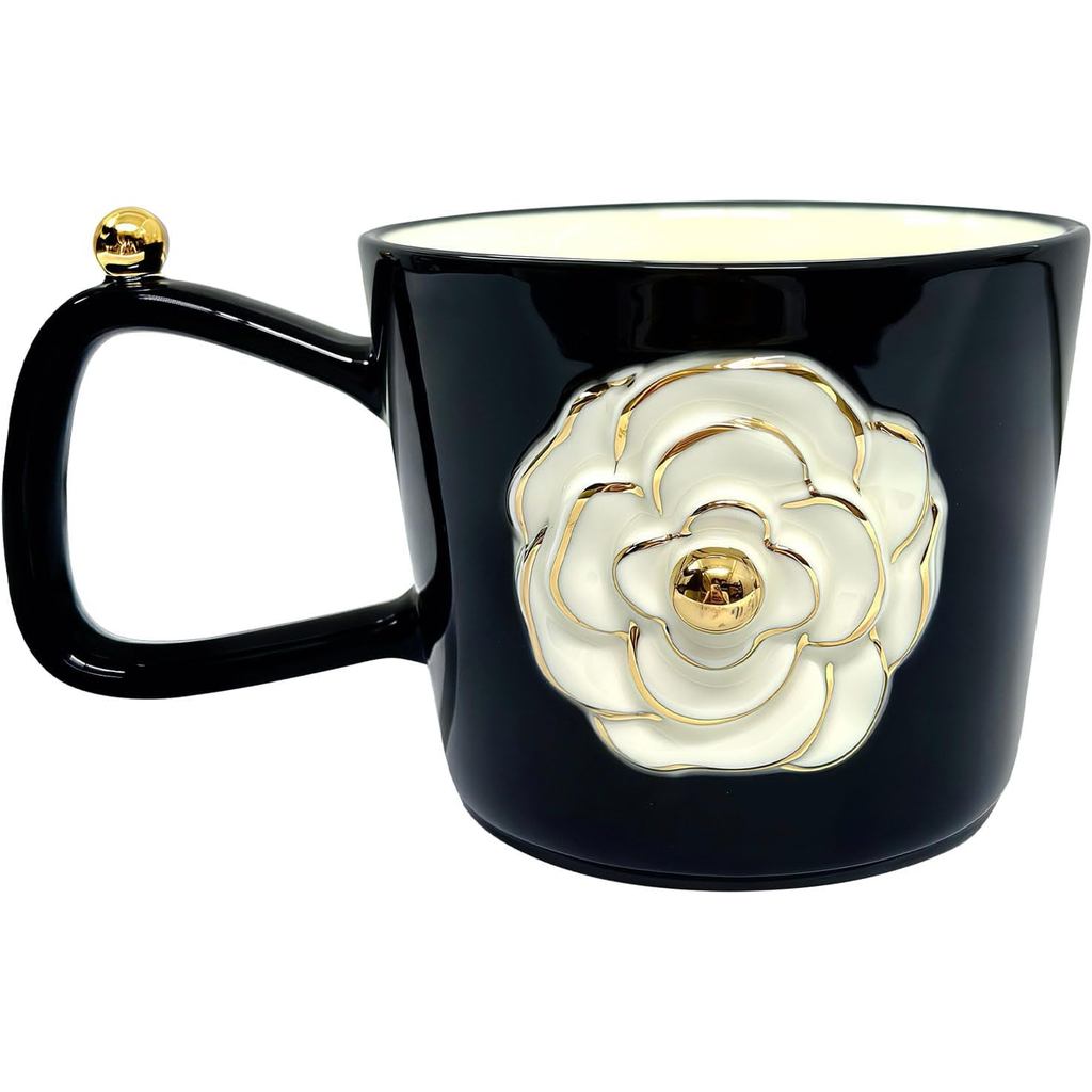 3D Flower Ceramic Coffee Mug, 11.8oz Vintage Floral Cappuccino Mug, Personalized Ceramic Women Coffee Mug Tea Cup, Bridal Shower Gifts, Black, 1 Piece WFGT