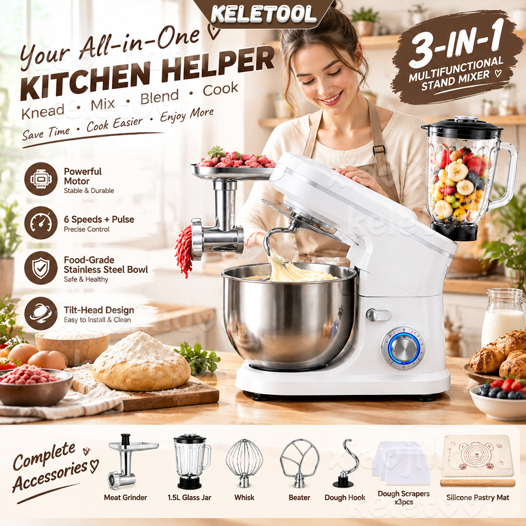 10L 3-in-1 Kitchen Stand Mixer Automatic Dough Kneader Meat grinder juicer Mesin Uli Tepung Pastry Mat + Rolling Pin Baking Set Dough Hook Blender Metal Meat Grinder Splash Cove