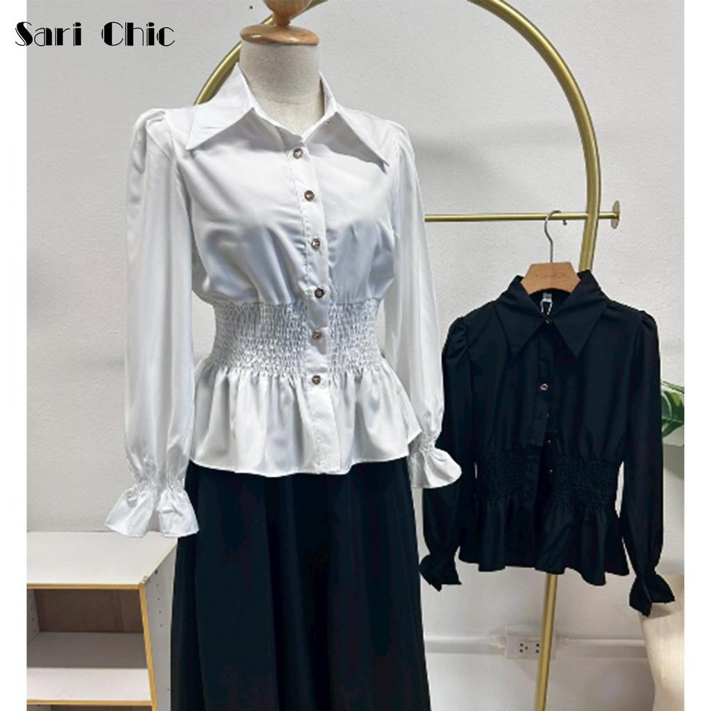 SARICHIC Women's white long-sleeved French lantern-sleeve shirt Ruffled elegant Elastic pleated waist Blouses -99146