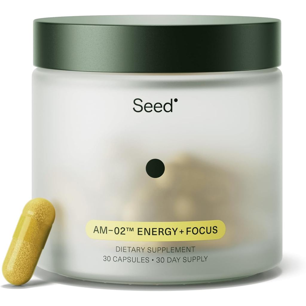 Seed AM-02 Energy+Fous-Men Women Daily Educational Supplements-Fast Effect and Sustainable Energy for Up to 6 Hours-Caffeine-Free Vegetarian and Shelf Stability-30 Capsules (30 Days)