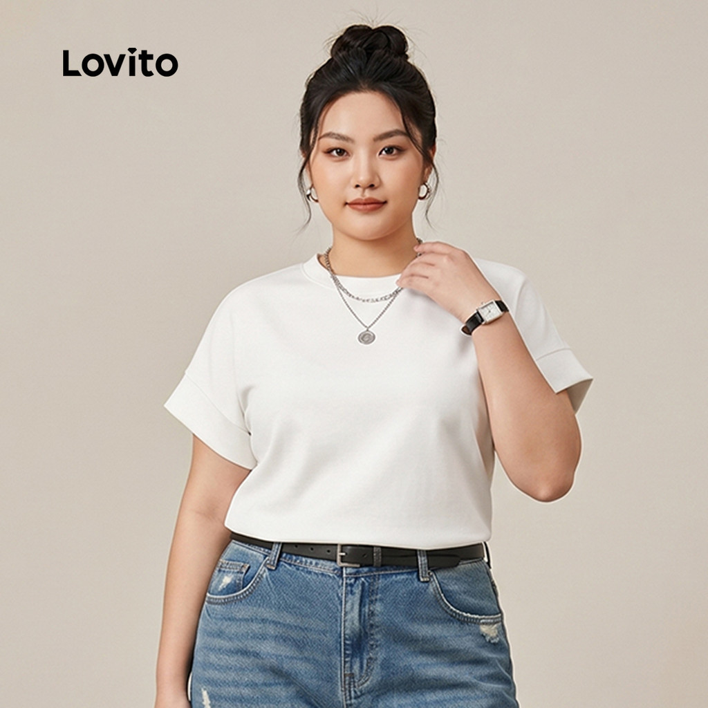 Lovito Casual T-Shirt Summer Contrast Binding T-Shirt for Women Plus Size Friendly LNE40575 (Multi-color) Lovito Casual T-shirt Musim Panas T-shirt Ikat Kontras Untuk Wanita Mesra Saiz Besar LNE40575 (pelbagai Warna)