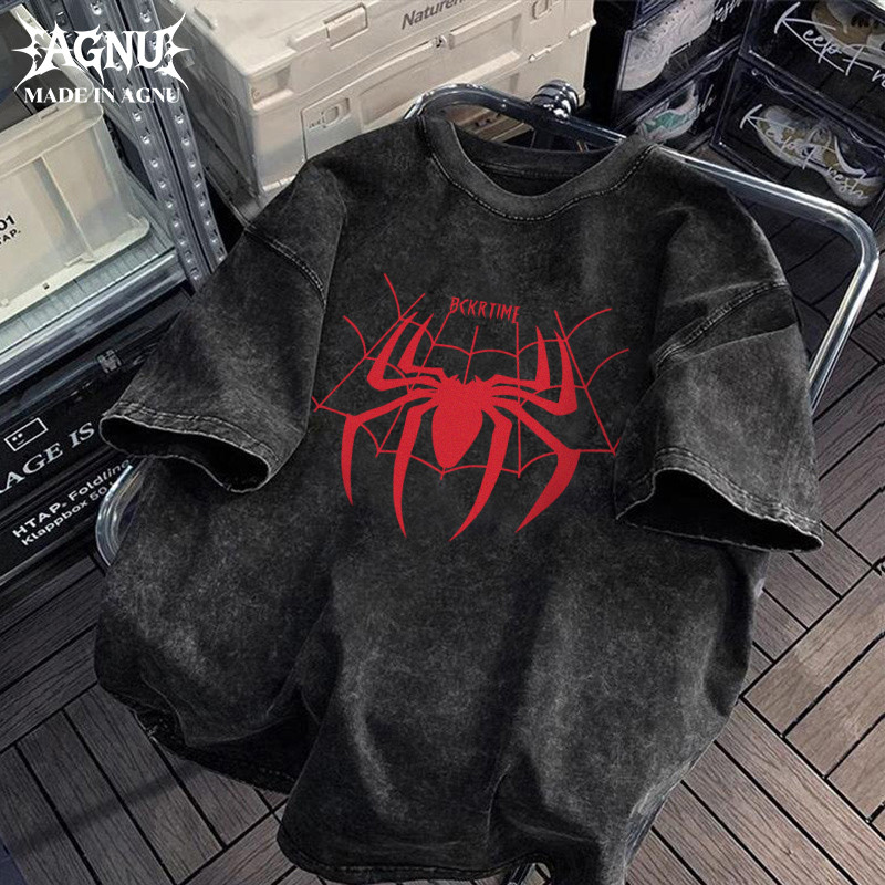 AGNU American Style Men's Loose Fit T-Shirt Wrinkle Resistant Easy Iron Cotton Tee Cool Spider Graphic YG405