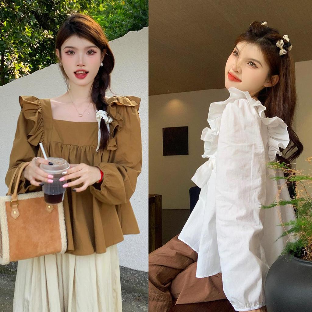 SARICHIC Women's French Square Neck Bowknot Long Sleeve Shirt Back Pleated Ruffles, Loose Fit -W672