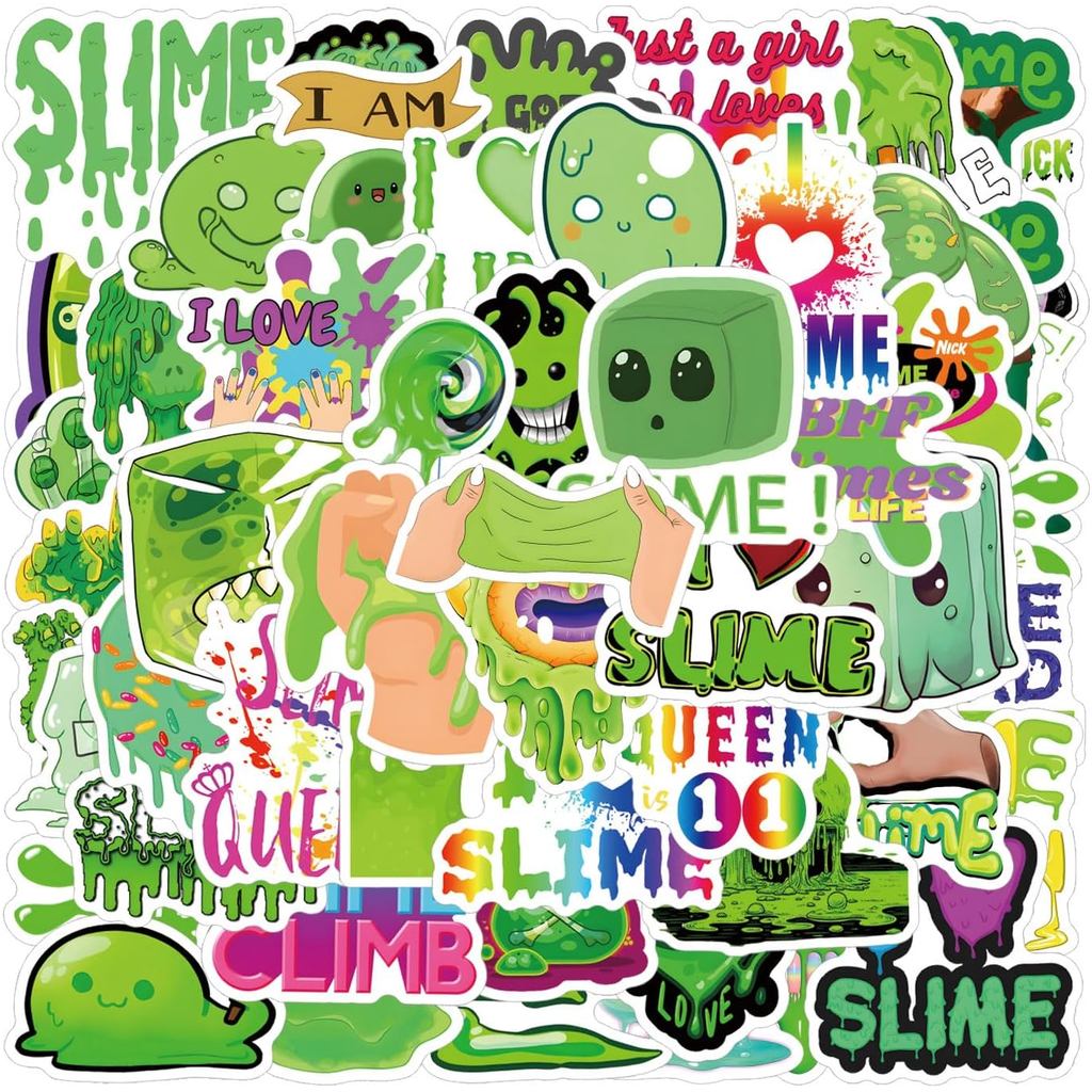 55 keping pelekat slime, pelekat kartun comel kalis air untuk botol air, komputer riba, telefon, papan luncur, buku skrap, pelindung untuk keperluan parti.