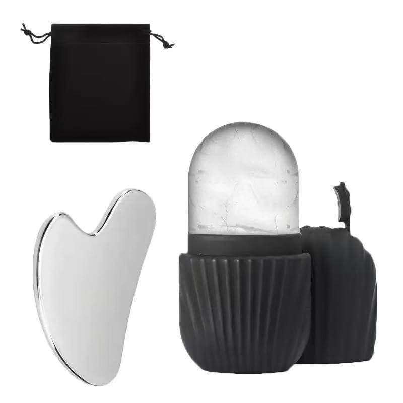 Set Alat Penggelek Muka Ais Silikon & Gua Sha Keluli Tahan Karat dengan Beg Penyimpanan, Set 2PCS Penggelek Muka Ais dengan Gua Sha dan Acuan Ais, Alat Urut Muka Penyejuk untuk Mengurangkan Bengkak dan