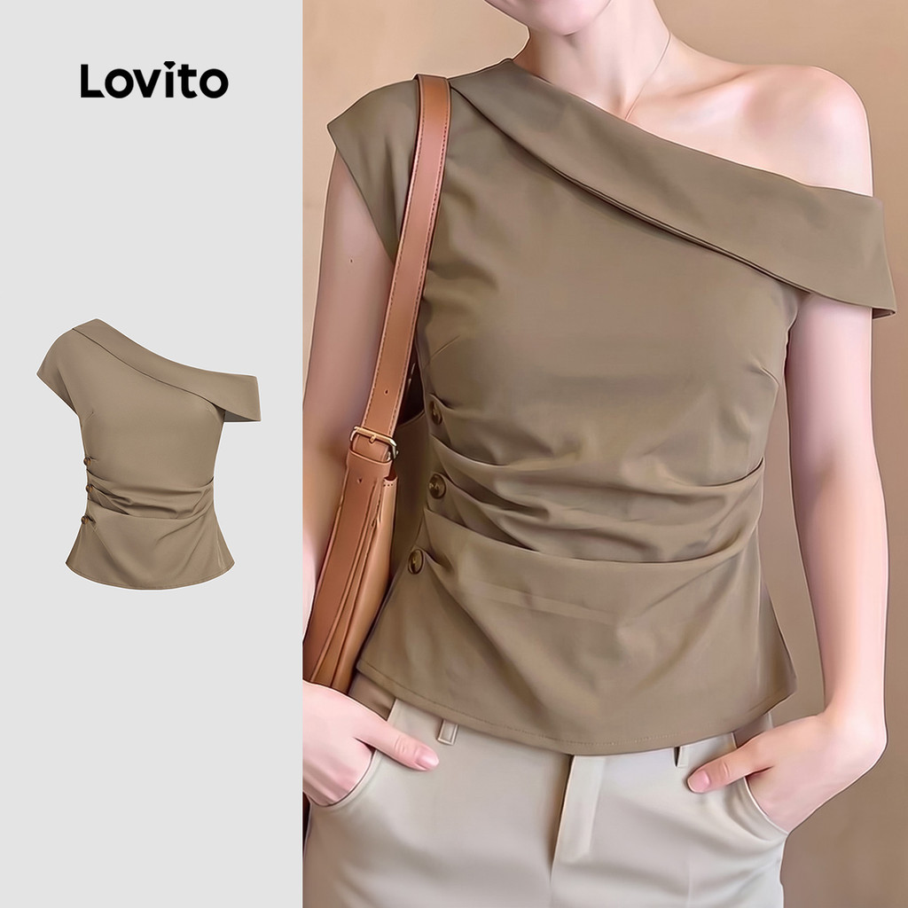 (Lovito x Miki) Casual Blouse Cold Shoulder Asymmetrical Button Spring/summer Khaki Blouse for Women L198ED056 Lovito Blaus Kasual Bahu Terbuka Tidak Seimbang Butang Asimetri Musim Bunga/panas Khaki Blaus untuk Wanita L198ED056