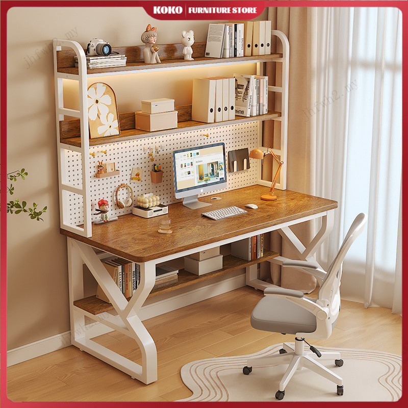 Solid wood computer desk with perforated panel study desk for bedroom, home use, multi-tiered, three-tiered, summer student bookshelf
