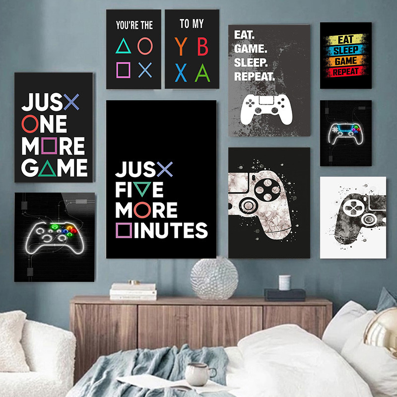 （With Frame）Gamer Canvas Wall Art Game Controller Neon Gamepad Poster Boys Gaming Room Wall Print Motivational Game Quote Canvas Painting Wall Decor for Teen Bedroom Game Room