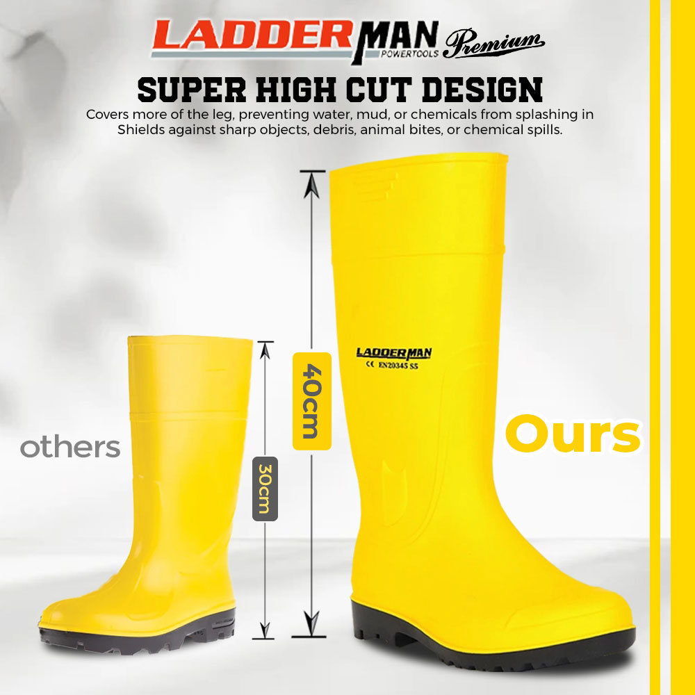 High Quality PVC Long Rubber Rain Boots Anti Slip Kasut Boot Getah Pasar Kebun Kuning Hitam Hijau Kasut Hujan Banjir