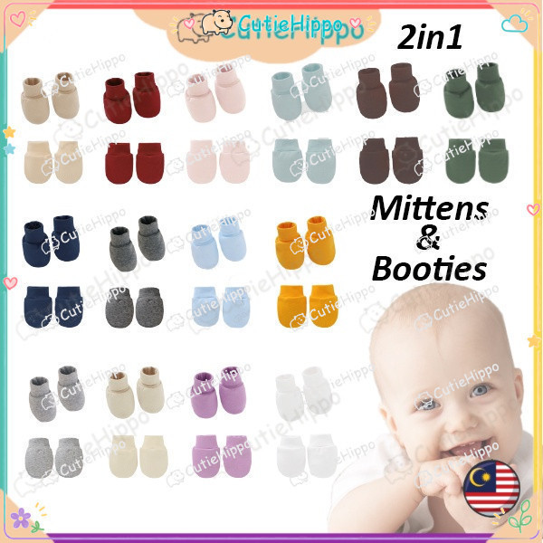 (2in1) Newborn Baby Mittens Booties Mitten 2 in 1 Set Baby Anti Scratching Gloves Infant Beanie Cap Bayi Sarung Tangan