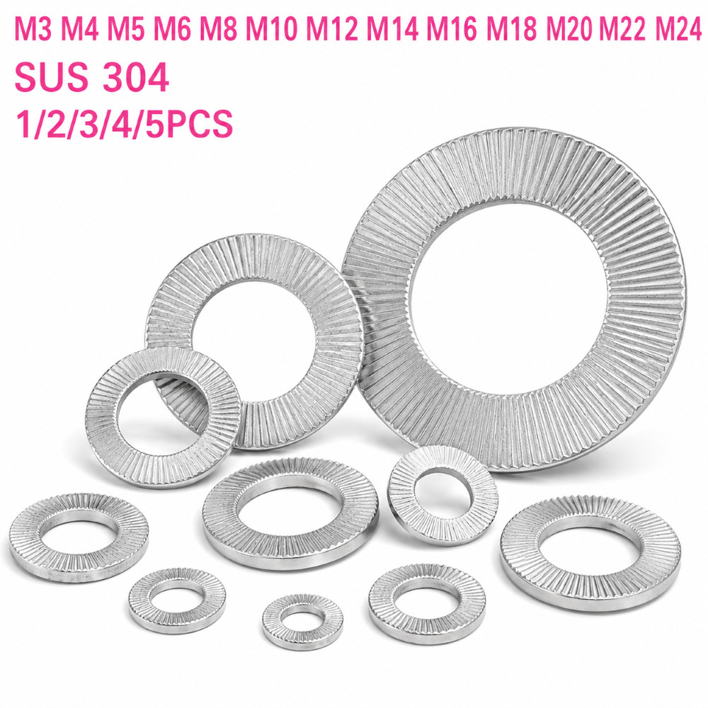 304 Stainless Steel Loose-Proof Gasket M3 M4 M5-M24 Double Stack Self-Locking Hardware Accessories 3/6/9/12/15PCS
