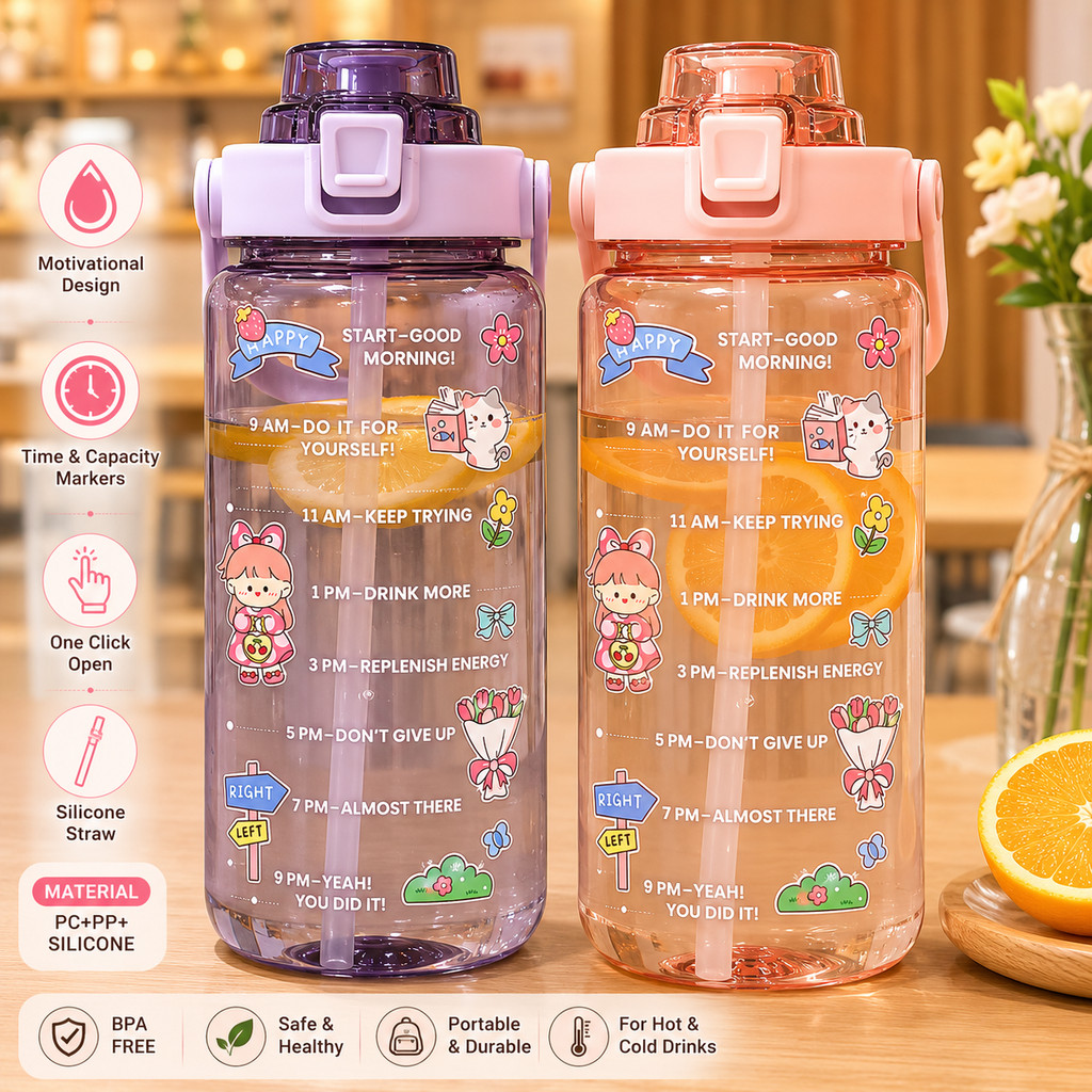 [ Up Gadget ] 2000ml Reminder Water Bottle With Straw Scale Big Bottle 2 Liter Gym Bottle Sport Water Bottles