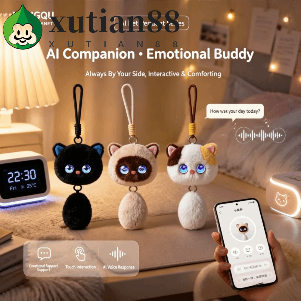 XUTIAN AI Cat Plush Toy, Intelligent Voice Communication AI Continuous Dialogue AI Cat Spirit Pendant, AI Cute Pets Winking Interaction Relaxing Chat AI Companion Doll KeyChain