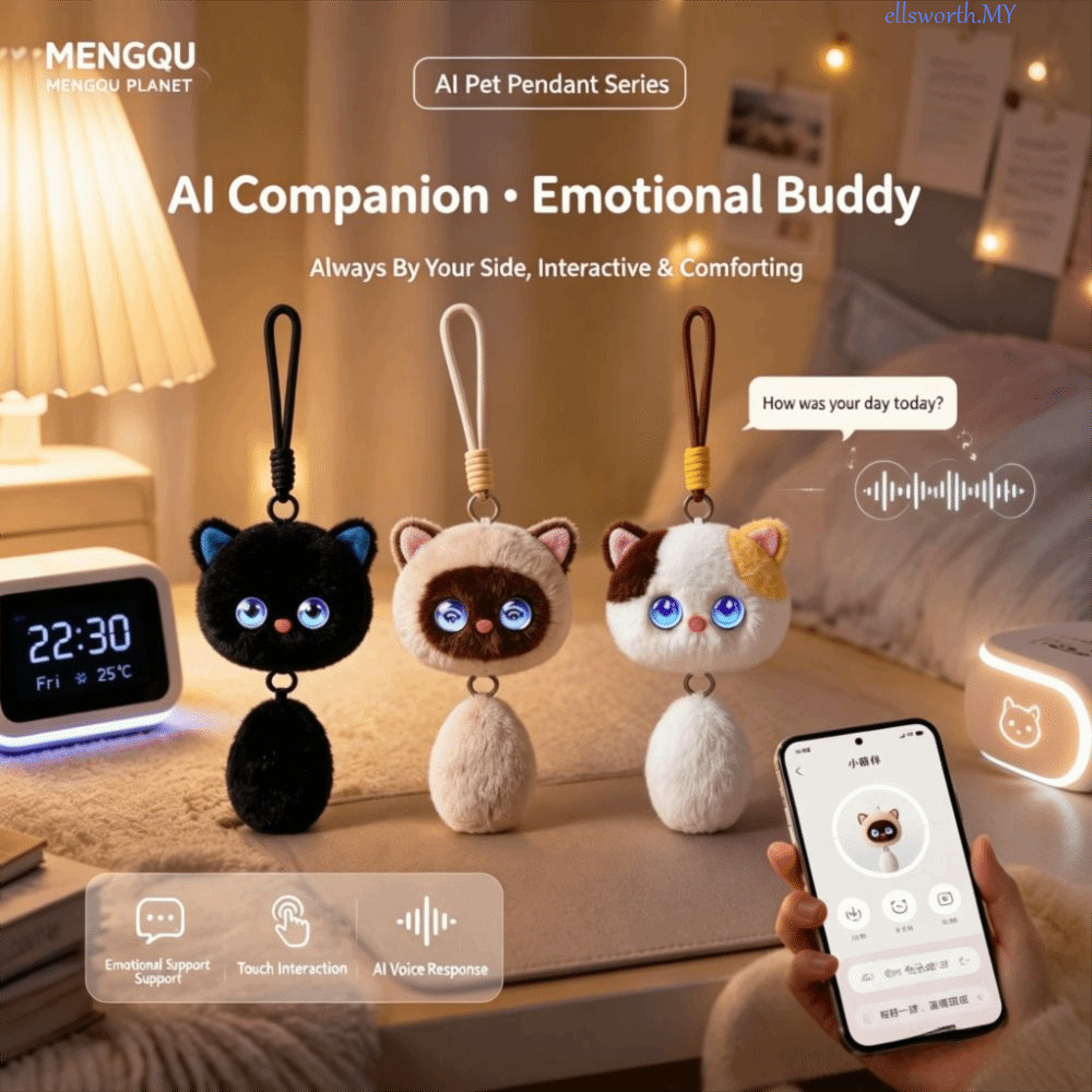 ELLSWORTH AI Cat Plush Toy, Winking Interaction Personal Companion AI Cat Spirit Pendant, AI Continuous Dialogue AI Cute Pets Relaxing Chat AI Companion Doll KeyChain