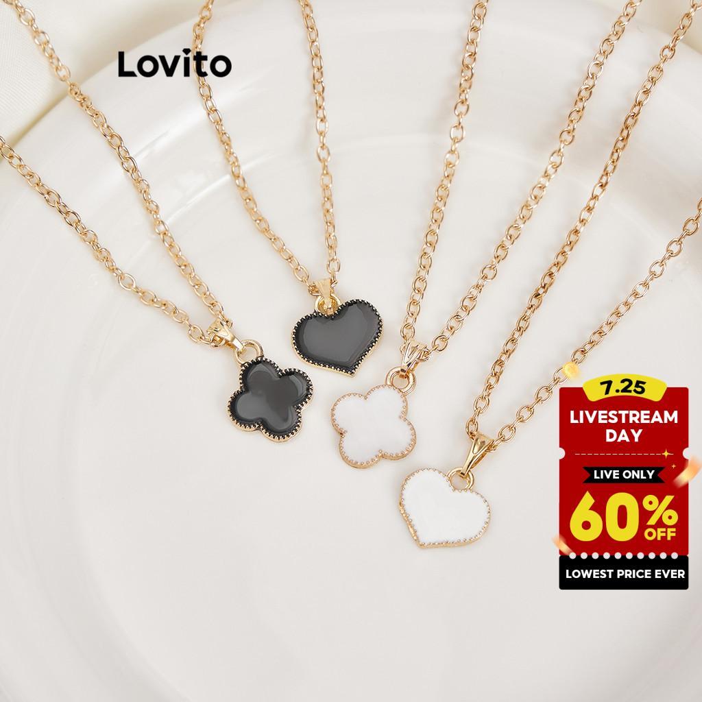 Lovito Casual Plain Metal Heart Necklaces for Women L60AD039 (White Clover/White Love/Black Clover/Black Love) Lovito Casual Kalung Hati Logam Polos untuk Wanita