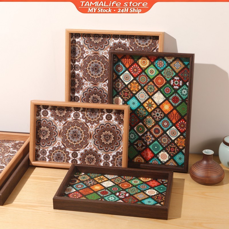 Bohemian Wooden Tray 30x20cm Dulang Kayu Boho untuk Hiasan Rumah & Simpanan Breakfast Afternoon Tea
