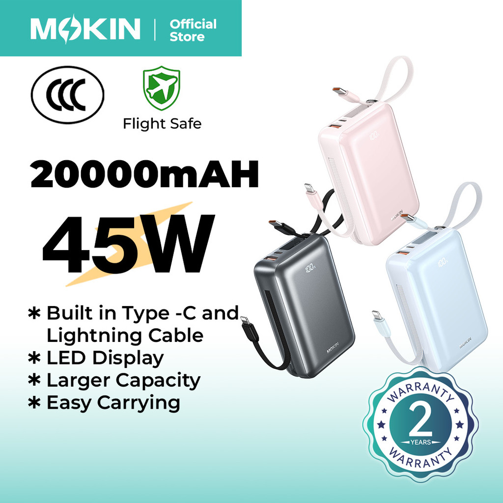 【3C Certification】MOKiN PD 45W 20000mAh Fast Charge Power Bank with Bulit-in USB C & Lightning Cable - AS-182-45