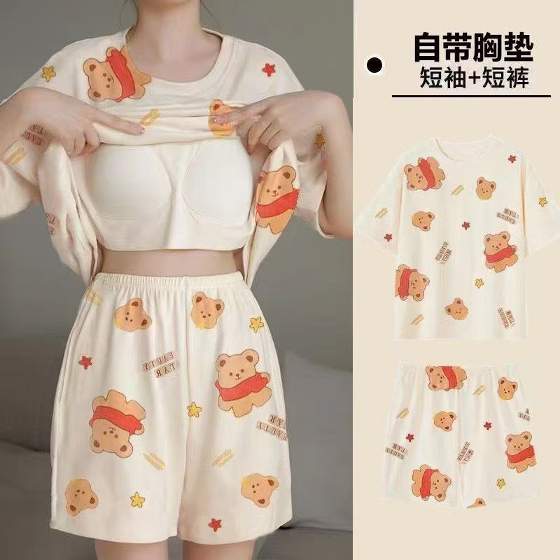 2025年短袖睡衣女夏季薄款带胸垫卡通少女学生圆领夏天家居服跨境Short Sleeve Lightweight Pajamas for Women - Cartoon-Themed, Student-Friendly Round Neck Design