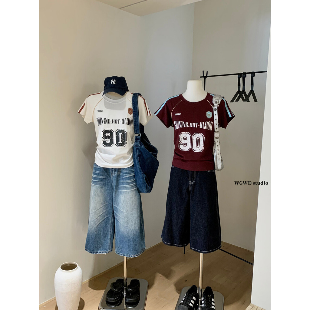 klWGWE Women's Summer Retro Striped Short Sleeve T-Shirt American Style Sports Shirt Versatile Design W6201