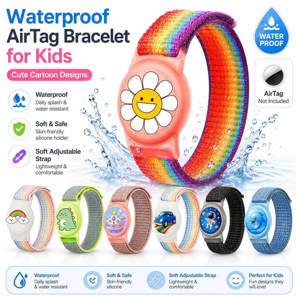 Waterproof Airtag Bracelet for Kids (1 Pack), Soft Nylon Hidden Air Tag Wristband Full Cover Lightweight GPS Tracker Holder Compatible with Airtag Band for Toddler Child