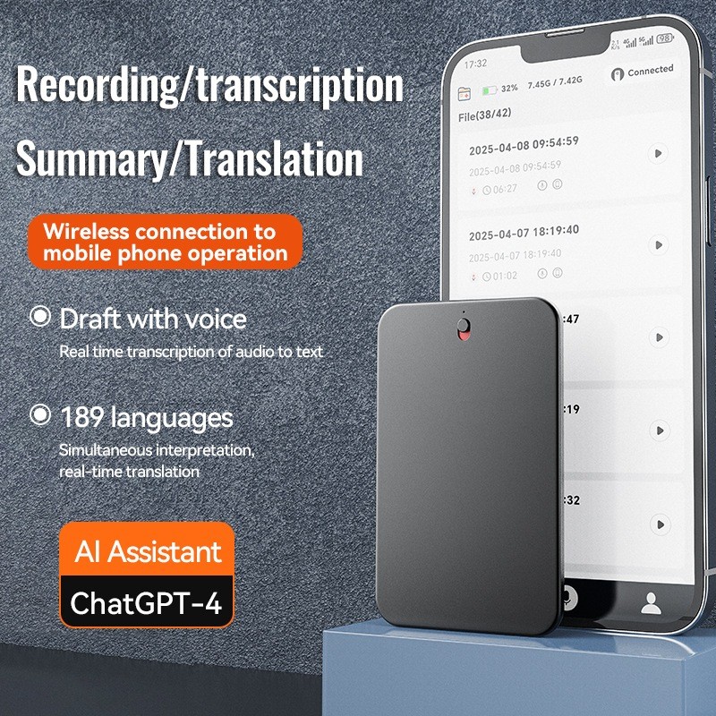 Smart A3 Card-Style Voice Recorder Ultra Thin Portable AI Voice Recorder ChatGPT Supported Transcription Translation HD Noise Reduction Audio Recorder