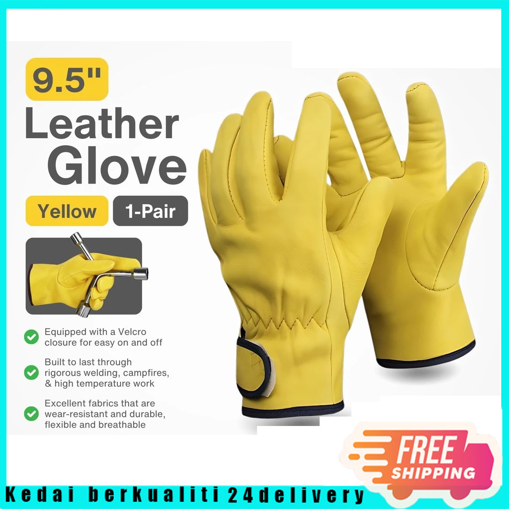 1 Pair 9.5 inch Yellow Leather Work Glove Soft Thick Sheepskin Flexible Fitted Velcro Strap Welding Sarung Tangan Glove