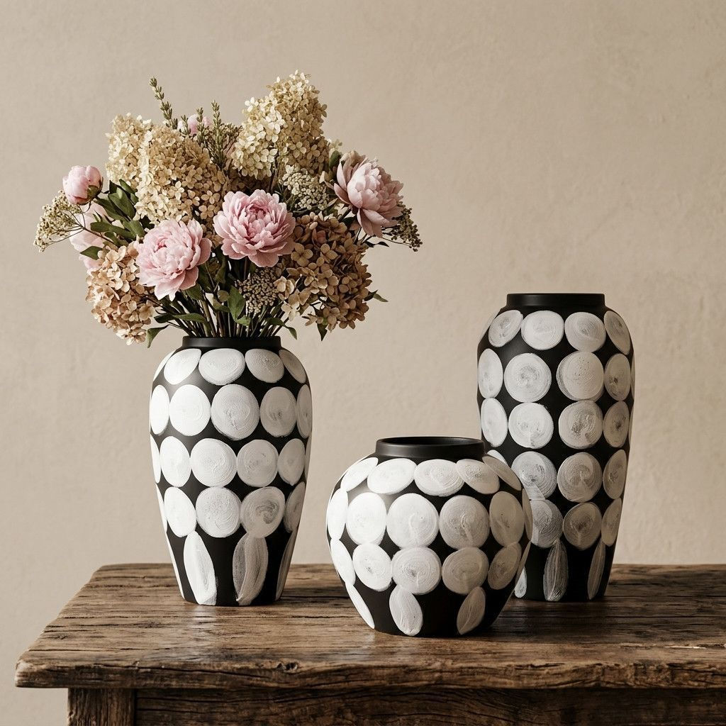 Moroccan Style Black and White Ceramic Vases Set for Living Room Decor Exotic Handcrafted Pottery Home Ornament Boho Chic Interior Design Accent