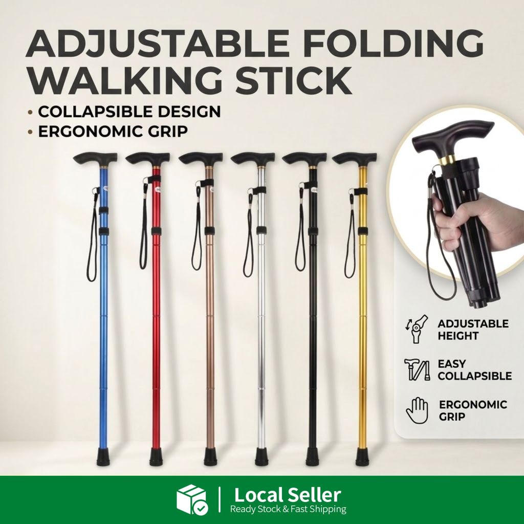 Foldable Walking Stick Tongkat Lipat Lightweight Aluminium Adjustable Medical Elderly Hiking Pole