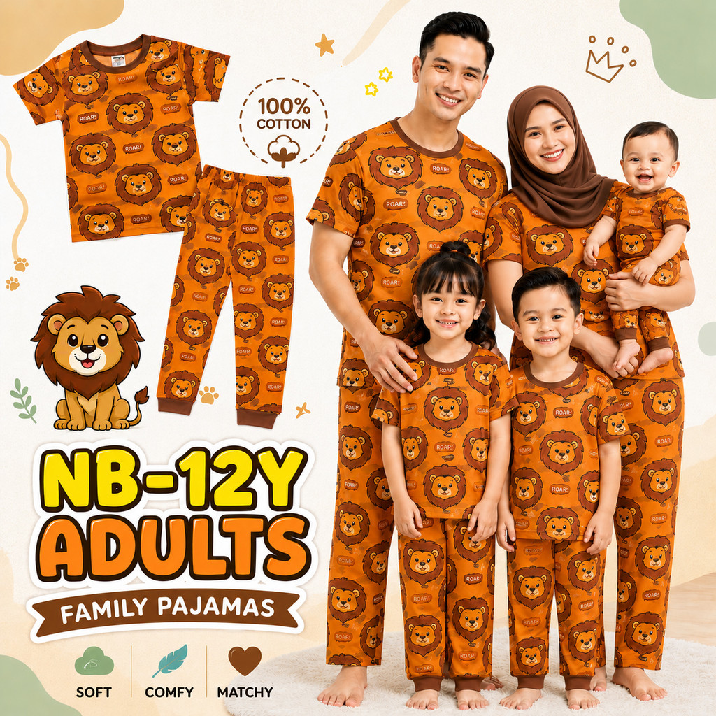 (3M-Adult) OBW Orange LION ROAR Pajamas Cotton Kids Sedondon Pyjamas Sleepwear Boy Baju Tidur Budak Lelaki Family Dewasa