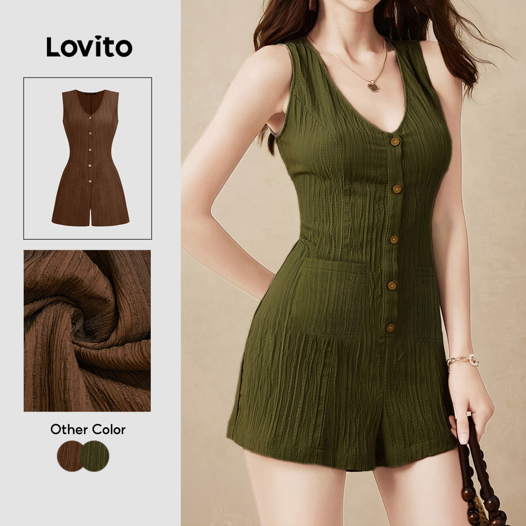 Lovito Casual Jumpsuit Button Pocket Spring/summer Military Green Jumpsuit for Women L138AD884 Lovito Casual Jumpsuit Butang Poket Musim Bunga/panas Hijau Tentera untuk Wanita L138AD884