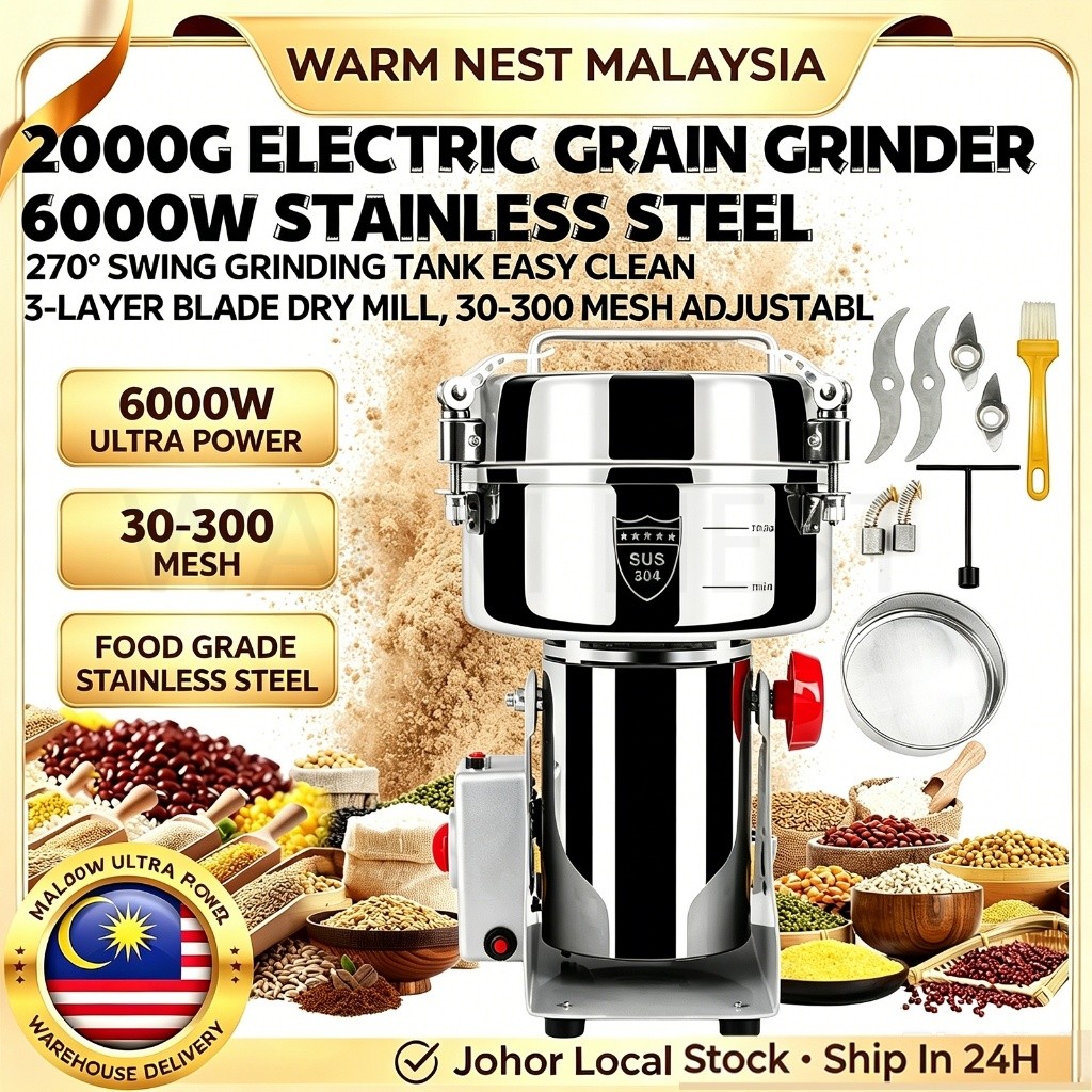 Mesin Pengisar Serbuk 6000W 2000g Electric Grain Mill Grinder Stainless Steel Grain Grinder Spice Mill Mesin Kisar Kopi