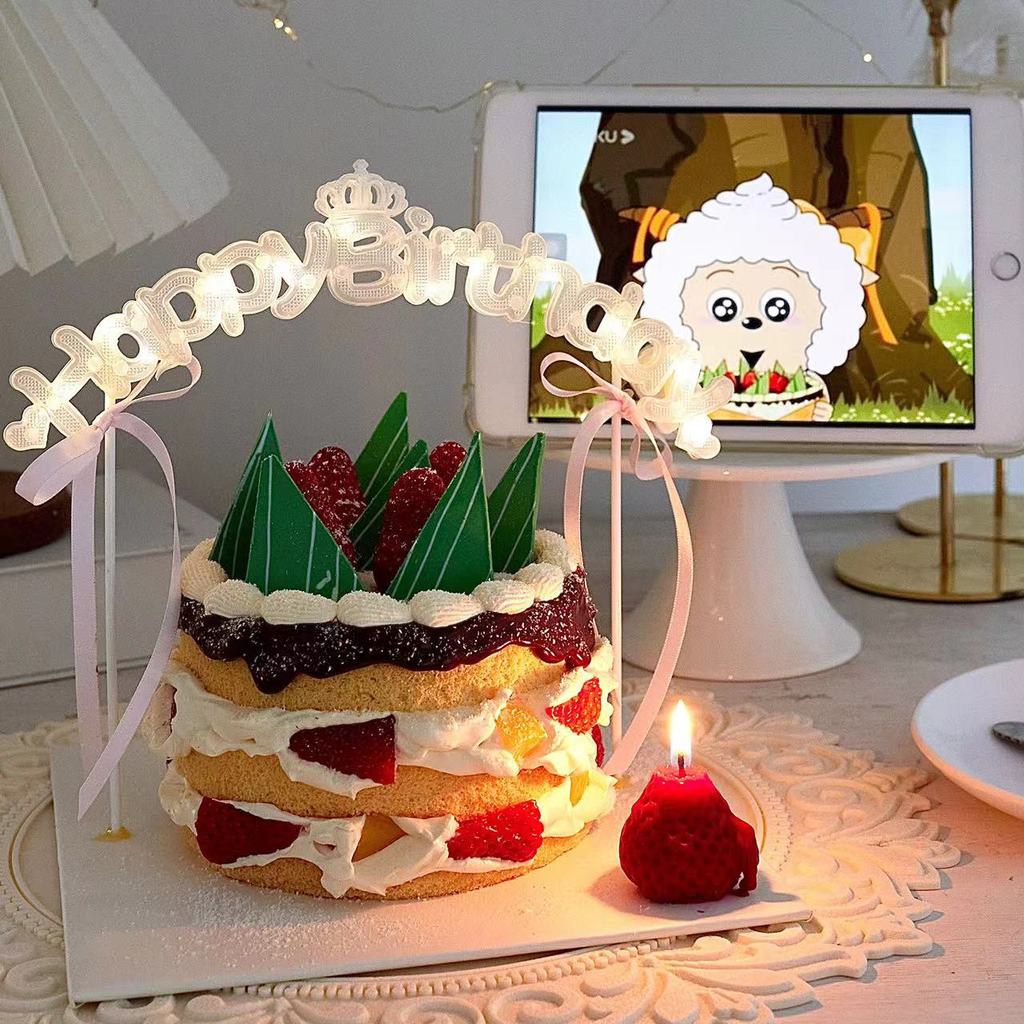 Influencer Green Grassland Cake Decoration Warm White HB Light Strawberry Candle Wishing Tree Green Grass Cake Childhood Memories