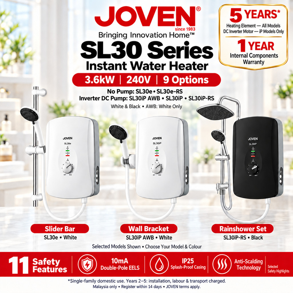 [ JOVEN ] SL30e SL30iP Instant Water Heater | No Pump / Inverter DC Pump | Rain Shower Set | 3.6kW | Pemanas Air Mandi