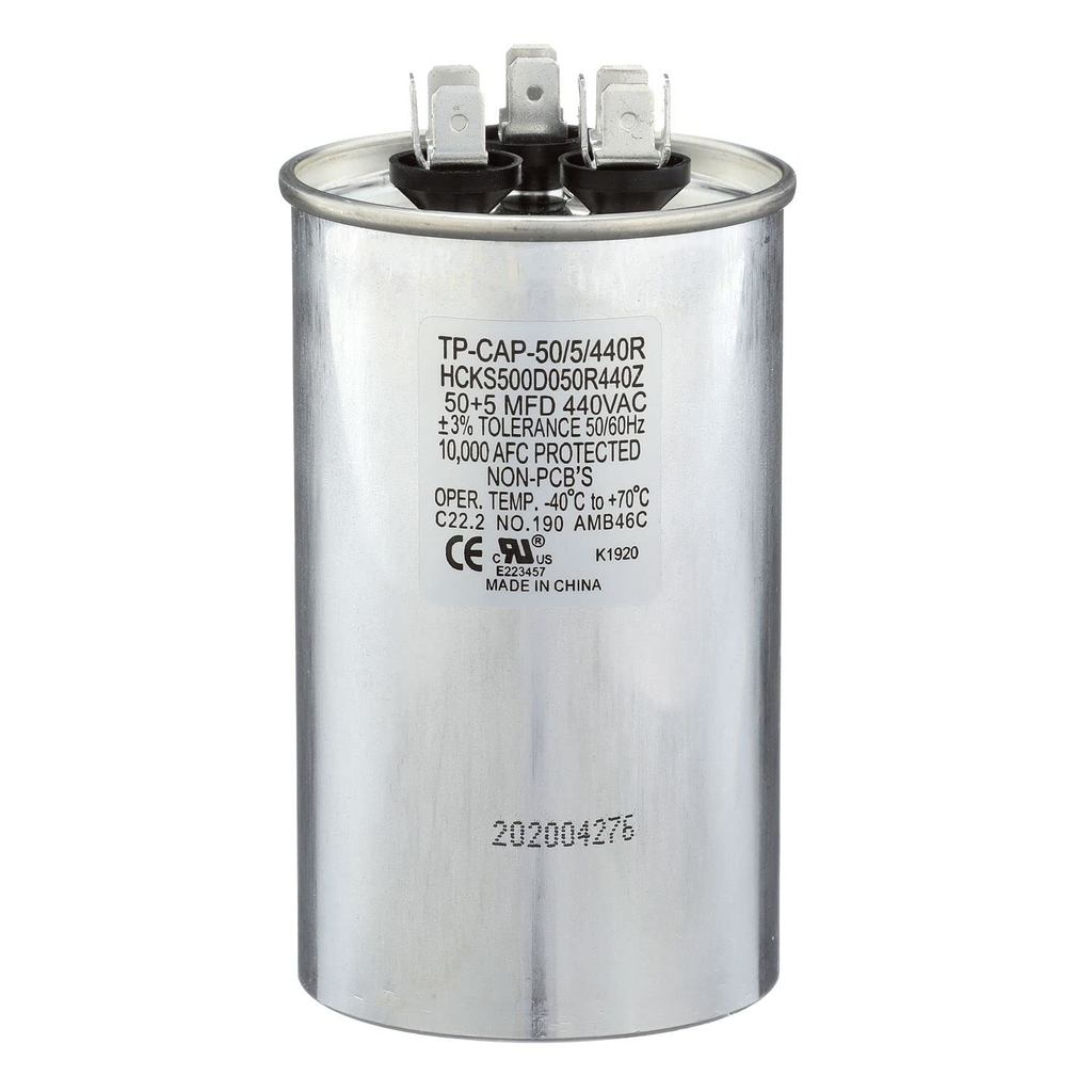 (TP-CAP-50/5/440R) 50+5 MFD (Mikrofarad) 440 Volt Kapasitor Dua Fungsi Bulat | Jangka Hayat Operasi 60,000 Jam, Komposisi Aluminium, -40 ° F hingga 158 ° F (-40 ° C hingga 70 ° C) Julat Suhu