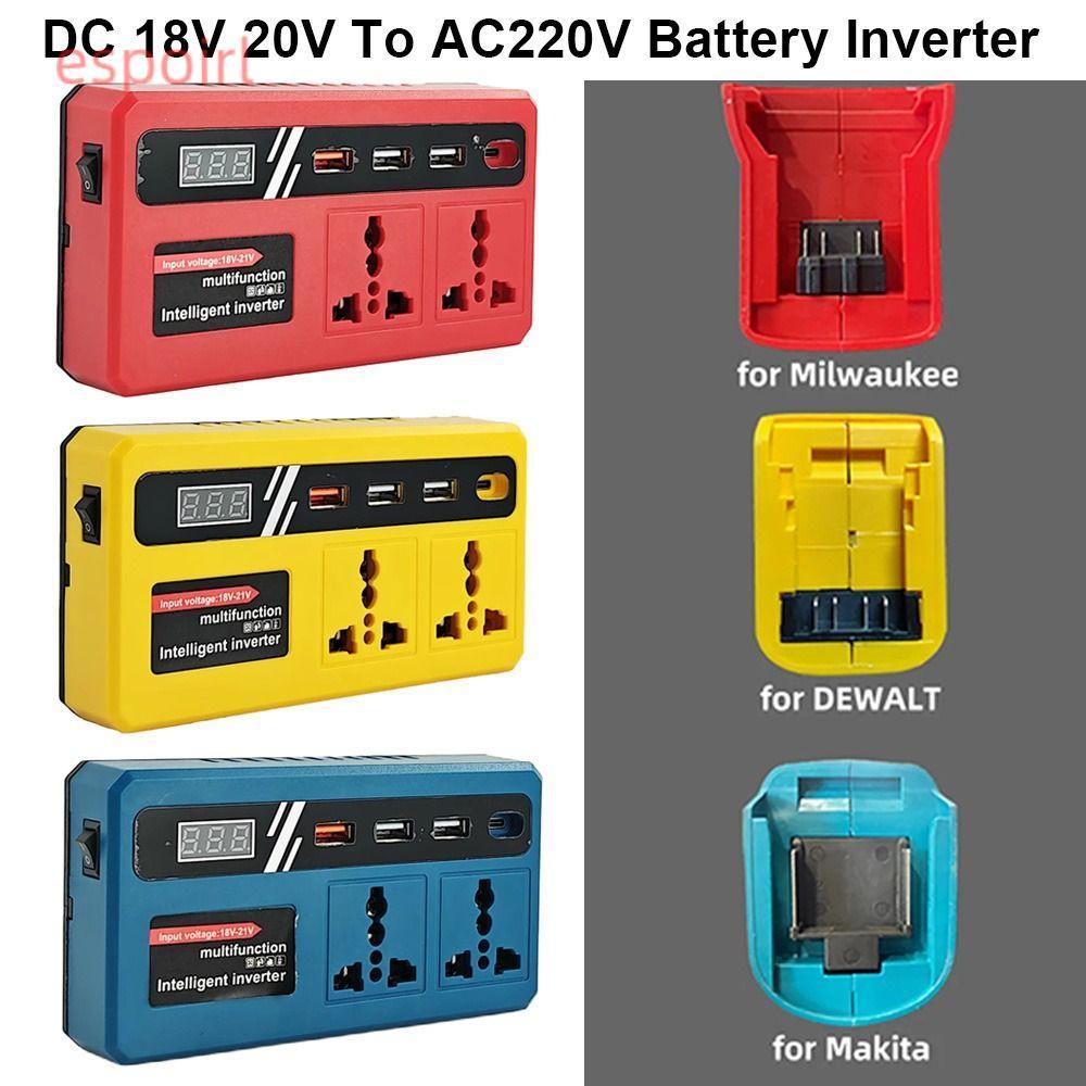 ESPOIR 1Pcs Smart Transformer, 18v 20v To 220v Dual Plug Battery Inverter, Multifunctional with 4 USB LED Socket Household Outdoor Work Inverter