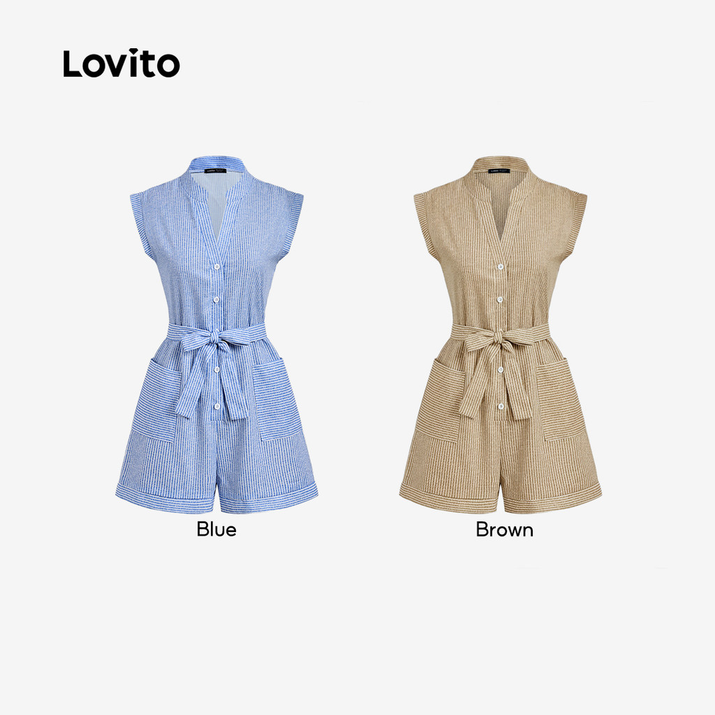 Lovito Elegant Jumpsuit Santai Lace Up Bow Poket Musim Bunga Biru untuk Wanita L243AD658