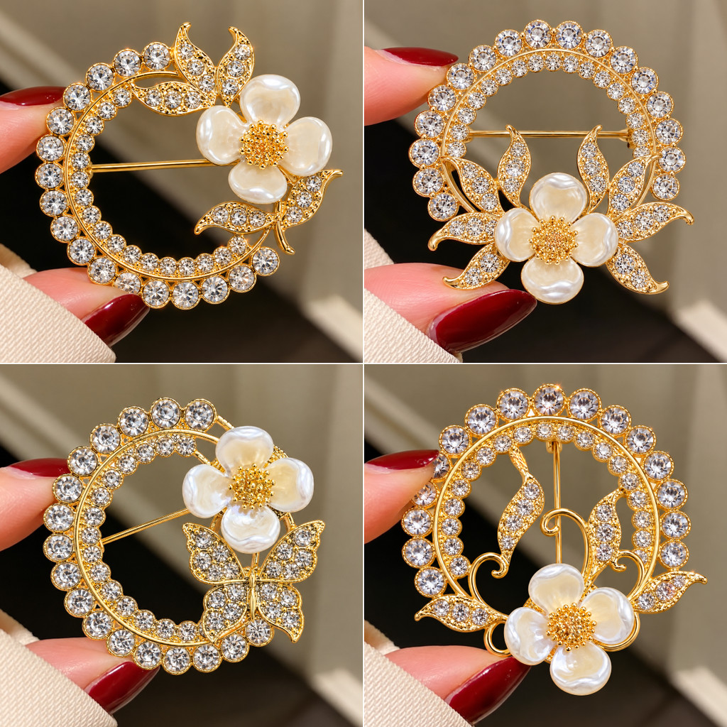 Crystal Circle Pearl Flower Brooch Rhinestone Floral Wreath Hijab Pin Gold Tone Vintage Scarf Clothing Accessory