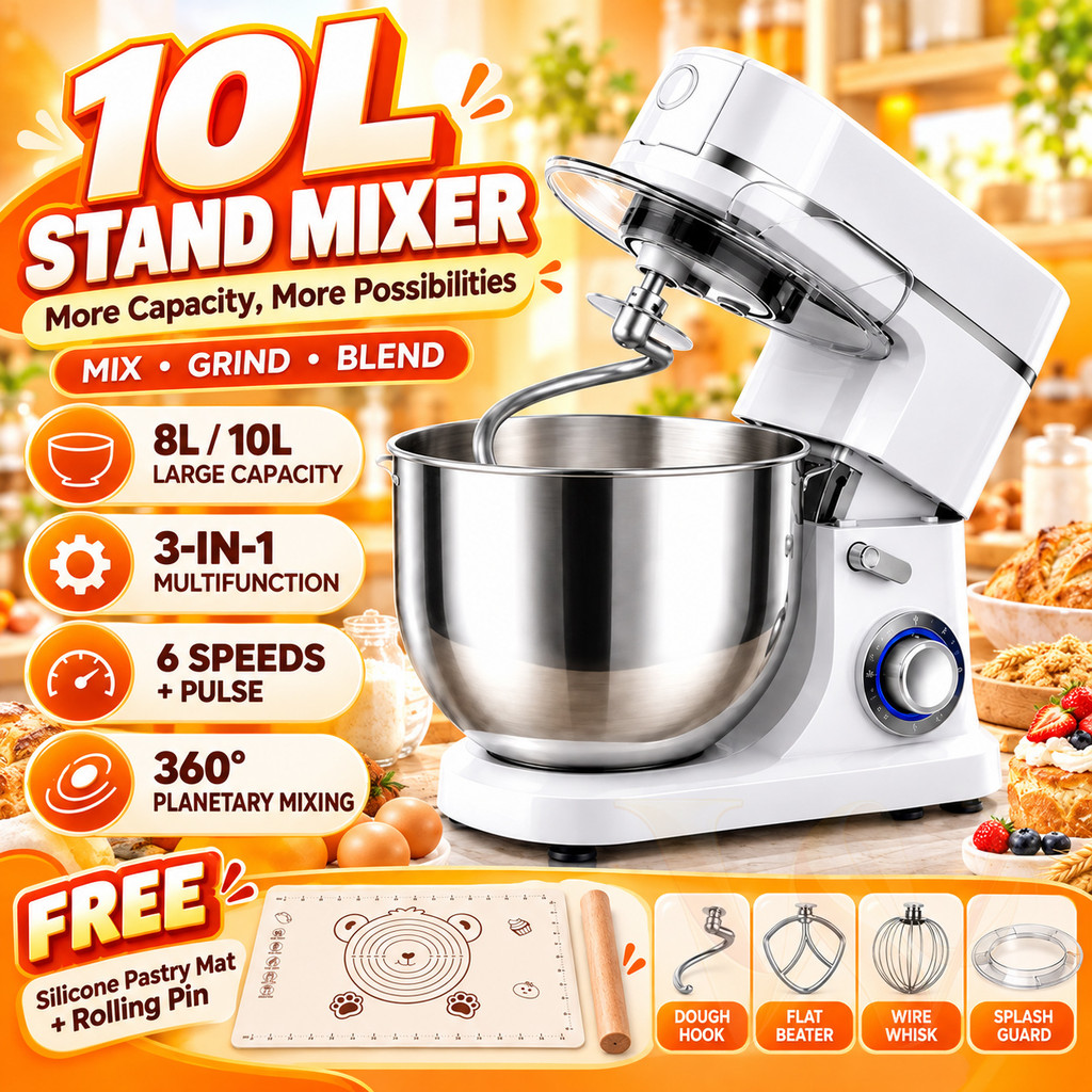 10L Heavy Duty Stand Mixer 1500W Dough Kneading Machine Baking Mixer Large Capacity Dough Mixer Mesin Adun Mesin Uli Doh