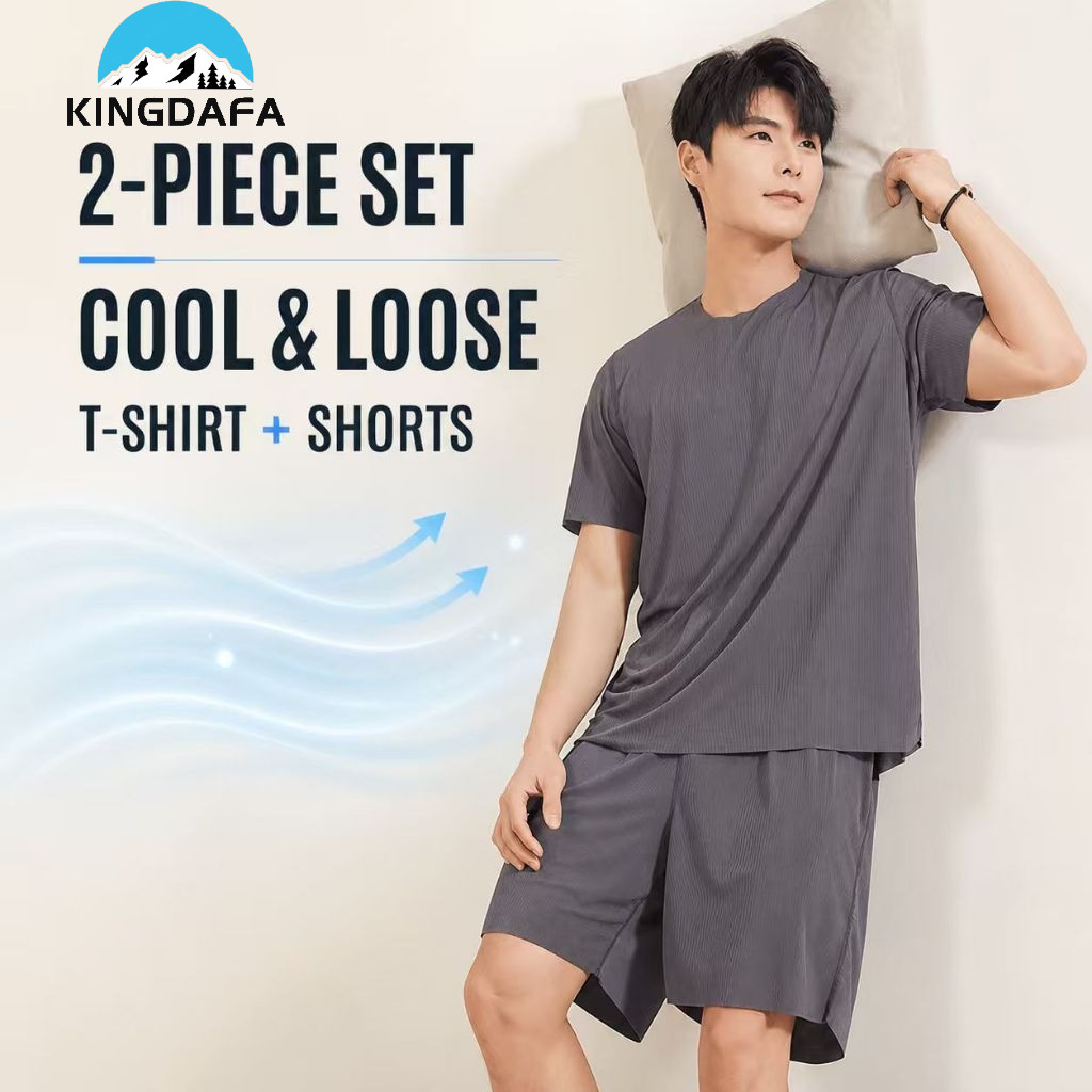 KINGDAFA Ice Silk Pajama Set / Tshirt + Short pants / Baju Tidur Lelaki Couple's Sleepwear Men Pyjamas Nightwear Thread Thin Men's Loungewear Set 冰丝睡衣 睡衣男 夏季薄款家居服套装