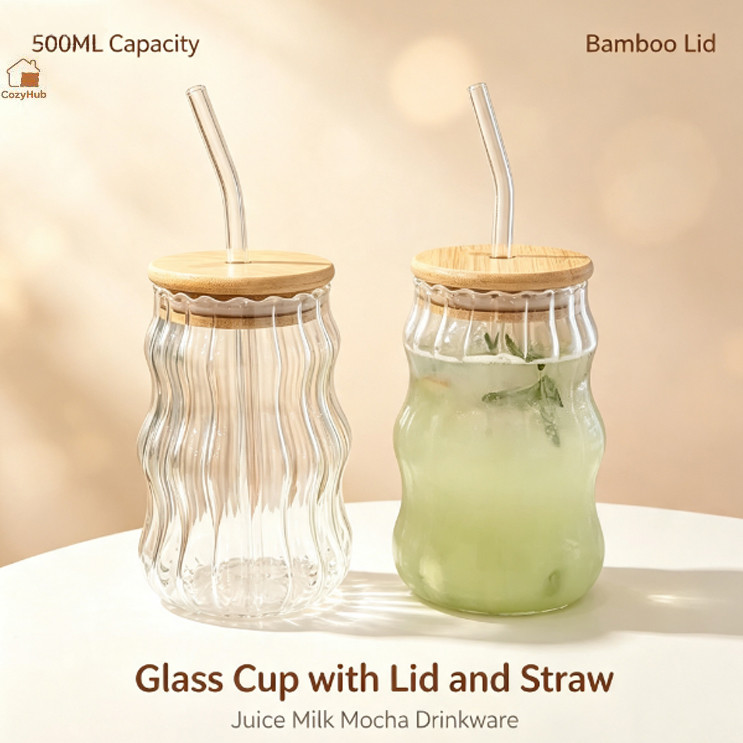 500ML Clear Glass Cup with Bamboo Lid & Straw Juice Milk Mocha Drinking Cup Household Drinkware Gelas Minuman Kaca