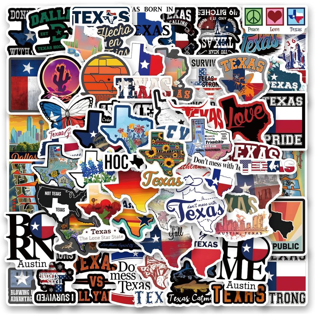 120pcs Pek Pelekat Texas, Pelekat Vinyl Grafik Bendera Peta Negeri Tahan Air untuk Botol Air, Papan Luncur, Komputer Riba, Telefon, Bagasi, Buku Skrap