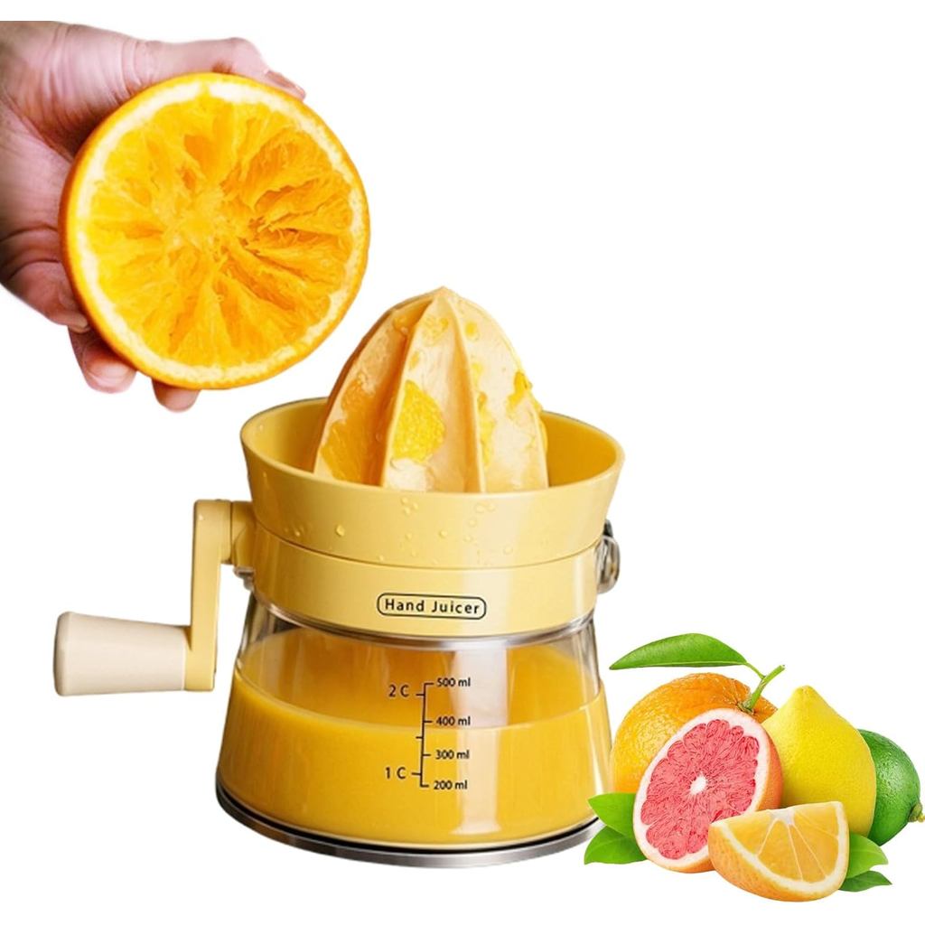 Pemecut Jeruk Manual dengan Engkol Berputar-500ml Kapasiti Besar Penekan Tangan untuk Lemon, Jeruk, Limau, Grapefruit |   Pengekstrakan Maksimum, Pemegang Ergonomik untuk Pemerasan Tanpa Usaha, Selamat untuk Mesin Cuci Pinggan