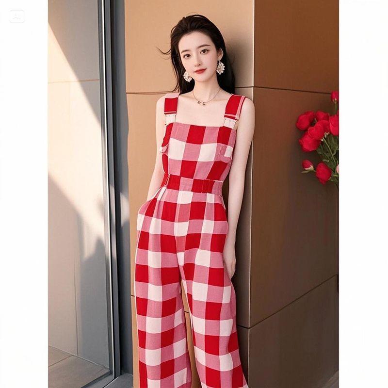 [Suspenders Jumpsuit] Dopamine Wear Red Plaid Jumpsuit Plaid Jumpsuit Suspenders Slimmer Look Jumpsuit Age-Reducing Wear Small Wear Summer Jump