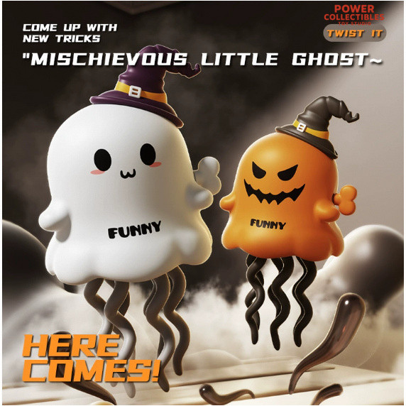 Hollywood Halloween Mischievous Little Ghost Toys - 2 Styles (White & Orange) with Witch Hats, Funny Spooky Decor & Play Items for Kids BT603