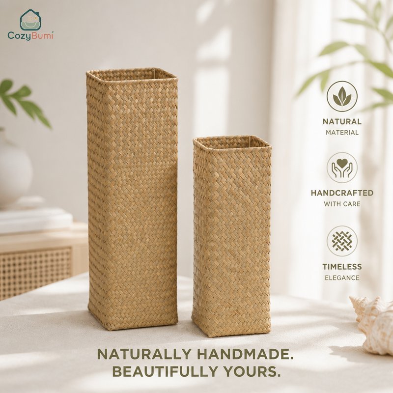 Woven Rattan Vase Natural Handcrafted Rustic Boho Decor Breathable Straw Storage Basket Set