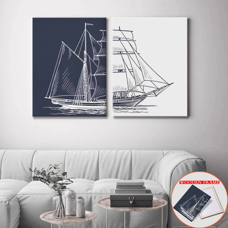 (with Frame)Modern Abstract Sailboat Wall Art Creative Geometric Ship Painting Minimalist Nautical Decor for Living Room & Bedroom